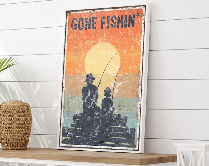 Vintage Sunset Wall Art, Man Fishing with Son on Fishing Dock Beach, Colorful Gone Fishin' Sign for Lake Bar or Beach  Bar, Gift for Dad