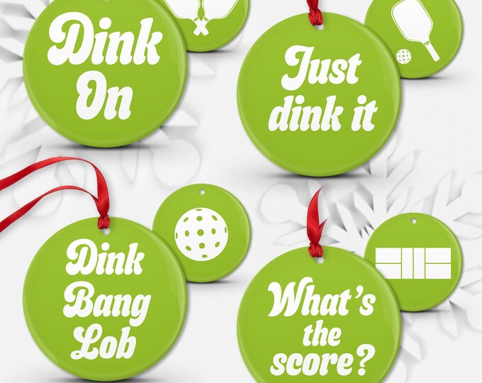 Pickleball Ornaments Set - Four Colorful Double-Sided Holiday Decor
