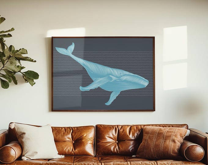 Coastal Wall Art, Bright Blue Line Whale Print, Navy Charcoal Slate Ocean Decor for Him