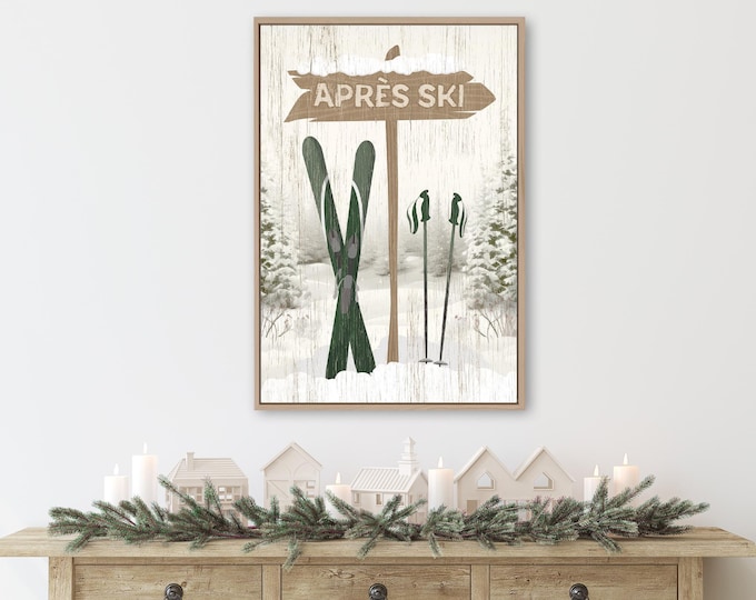 Forest Green Sign, Apres Ski Arrow with Crossed Skis, Whitewashed Cream Cabin Wall Art
