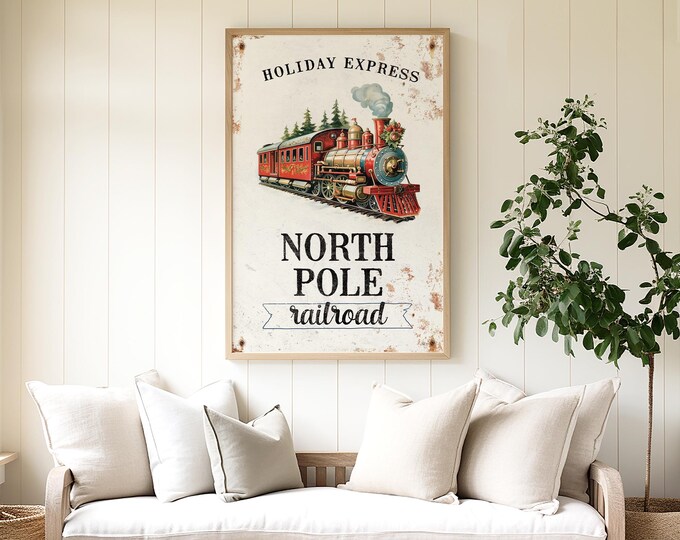 Antique Train Christmas Decor, Vintage Rail Sign, Holiday Express North Pole Railroad, Lightweight Canvas Wall Art or Waterproof Aluminum