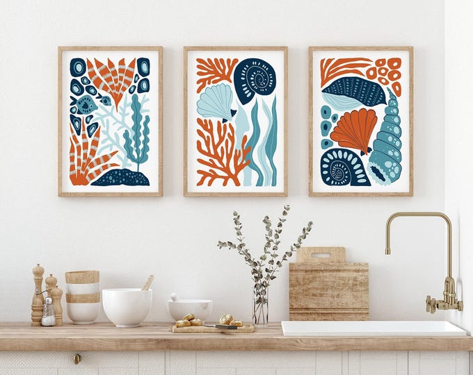 Living Room Decor, Triptych Wall Art, Gift For Ocean Lover, Abstract Ocean Blocks Print Set in Three Frames with Coral and Seashell Accents