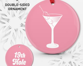 Fun Golf Christmas Ornament, Pink Martini Glass Double Sided Ceramic Aluminum, Gift for Golf Lover, Golf Gift for Her • 05