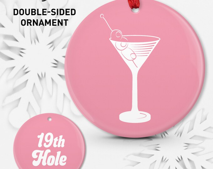 Fun Golf Christmas Ornament, Pink Martini Glass Double Sided Ceramic Aluminum, Gift for Golf Lover, Golf Gift for Her • 05