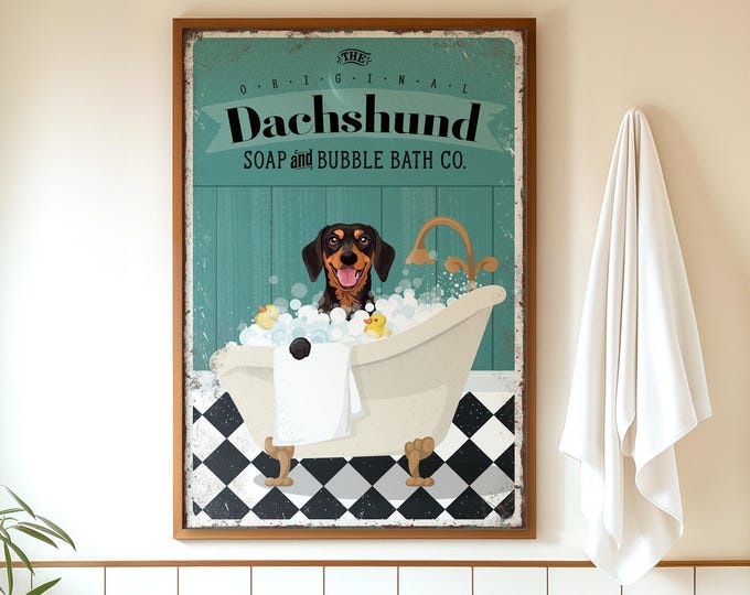 Summer Bathroom Dachshund Wall Art, Sage Teal Vintage Soap Sign, Dog Lover Gift