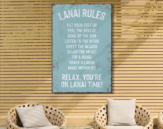 Tide Blue Lanai Rules Sign, Rustic Pool Canvas, Fun Patio Decor, Outdoor Aluminum Plaque, Unique Pool Gift, Durable Weatherproof Design