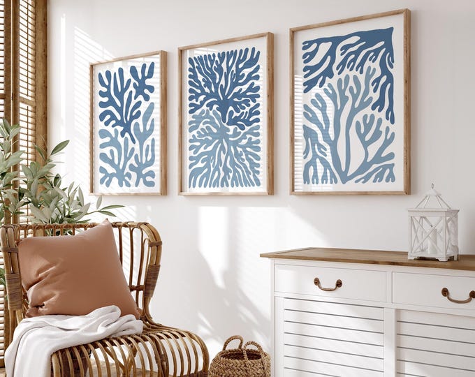 Art Print Above Bed, Modern Farmhouse Ocean Triptych Wall Art, Calm Coastal Decor