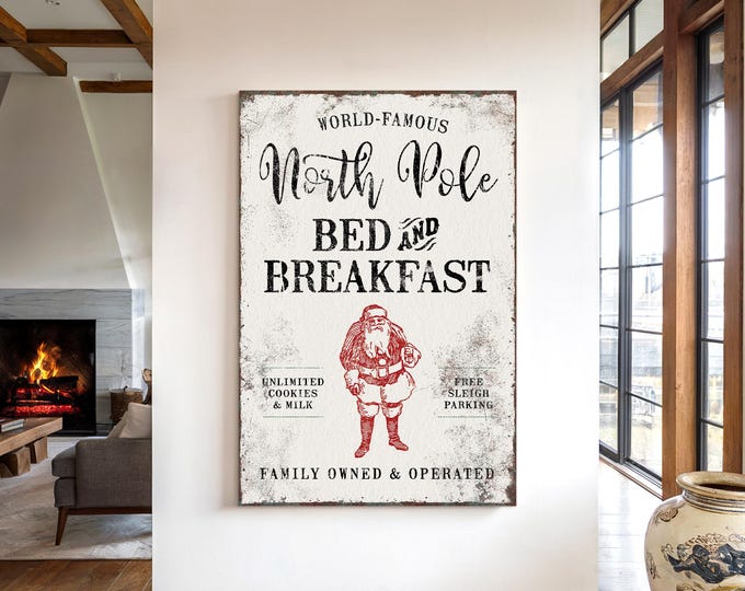 North Pole Bed and Breakfast Distressed Santa Art in Charcoal and Red on Aged Cream