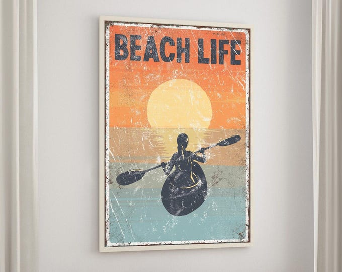Vintage Beach Life Sign: Sunset Kayaking Art for Lake House