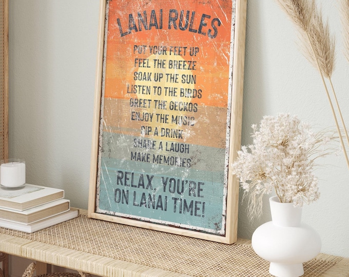 Lanai Wall Art, Lanai Rules Signs, Outdoor Patio Signs, Retro Pool Canvas Print, Aluminum Decor, Florida Gift, Sunset Background