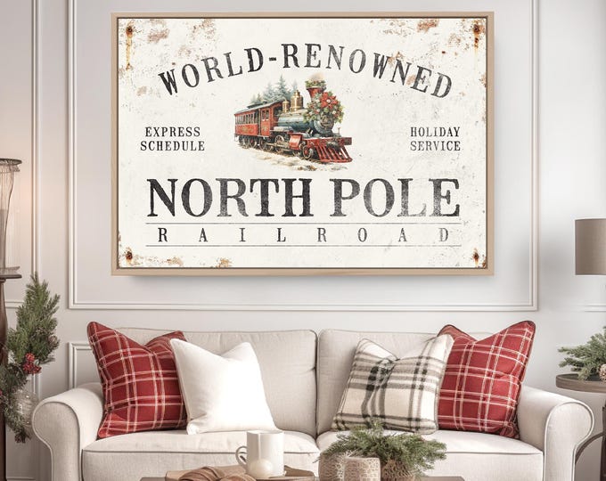 Railroad Sign Art, North Pole Holiday Service with a Red Steam Locomotive on Worn Cream