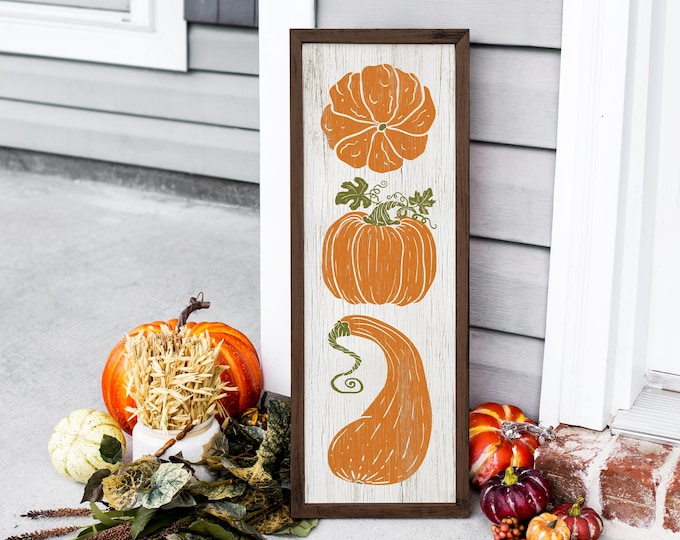 Tall Vertical Pumpkin Harvest Sign, Rustic Fall Pumpkin Decor for Porch, Sign with 3 Orange Pumpkins, Indoor Outdoor Options Available, 02