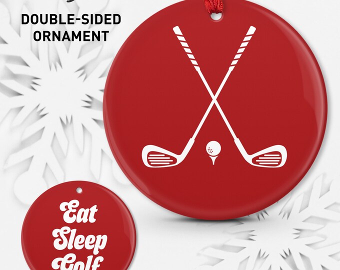 Red Golf Christmas Ornament, East Sleep Golf, Ceramic Porcelain or Aluminum, Choice of Colors, Double-Sided, Golf Gift for Him • 01