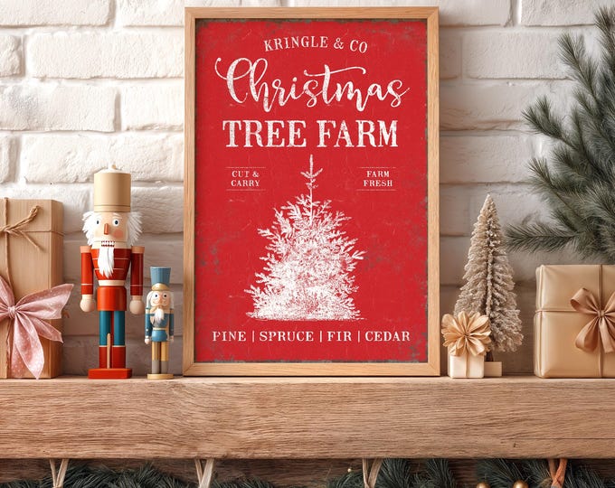 Christmas Tree Farm Sign: Rustic Red Lettering - Framed or Unframed