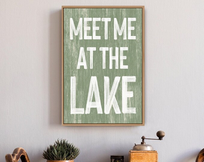 Meet Me at the Lake Sign: Retro Seagrass Faux Wood Wall Art