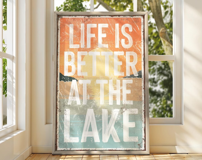 Cabin Room Decor, Life is Better at the Lake Sign, Orange Teal Sunset Wall Art