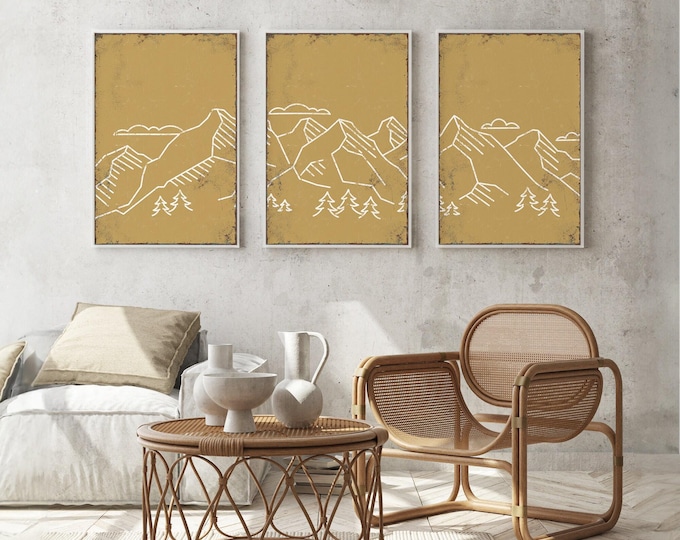 Modern Mountain Art, White Line Range on Mustard, Cabin Triptych Set of 3
