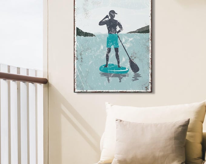 Lake Life Wall Art: Vintage Paddleboarder Scene (Canvas or Aluminum)