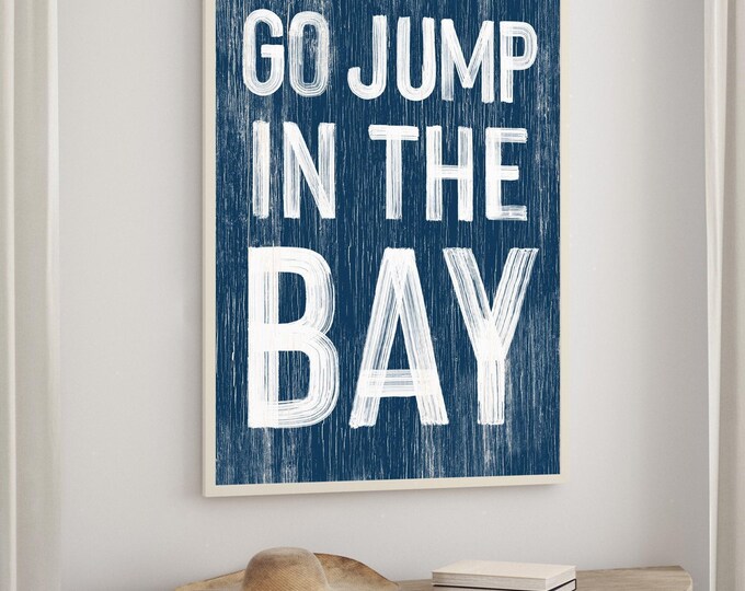 Beach House Decor – Nautical Blue Bay House Sign with Weathered Wood Look