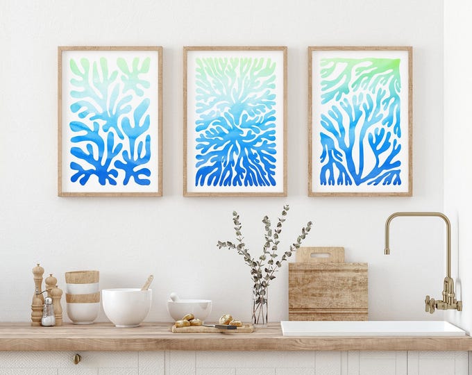 Ocean Coral Triptych Set, Set of 3 Ocean Framed Canvas Prints, Modern Beach Home Decor, Gift for Ocean Lover, Blue Green Coral Art • 320