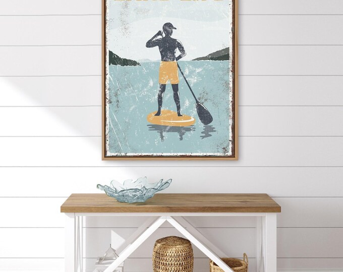 Lake Life Wall Art: Vintage Paddleboard Design - Distressed Wood Style
