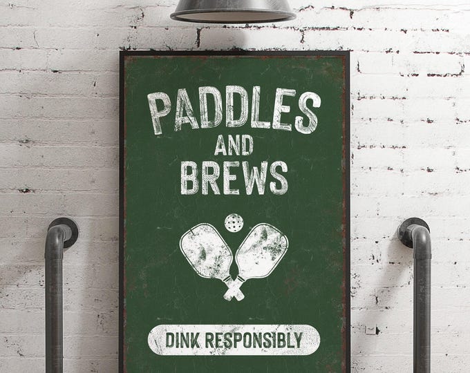 Wall Sign Decor, Paddles and Brews Pickleball Sign in Green, Dink Responsibly Gift for Players