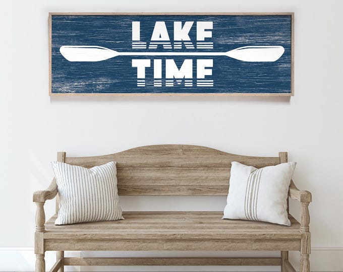 Vintage Decor, Navy Blue and White Lake Time Sign, Horizontal Cabin Wall Art