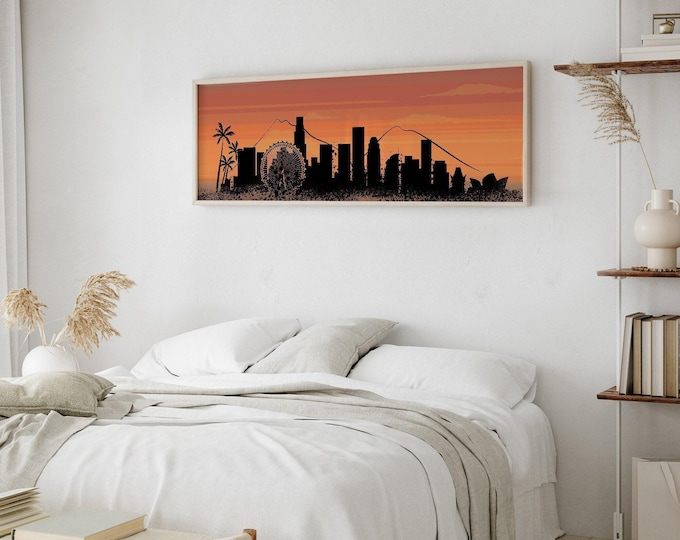 LOS ANGELES Skyline Sign, Iconic Skyline Prints, Modern Farmhouse Art, Long Skinny Framed Skyline Canvas, Urban Living Decor, LA Sunset svg