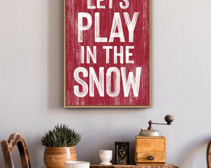 Winter Wall Sign: Dark Red Snow Design - Faux Weathered Wood