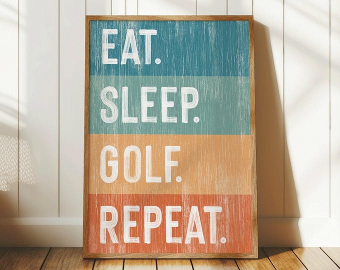 Retro Golf Print, Teal Cream and Orange Color Block Bands, Vintage Sports Canvas Art