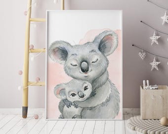 Baby Shower Gift, Mommy and Baby Koala Watercolor Print, Soft Grey Nursery Art