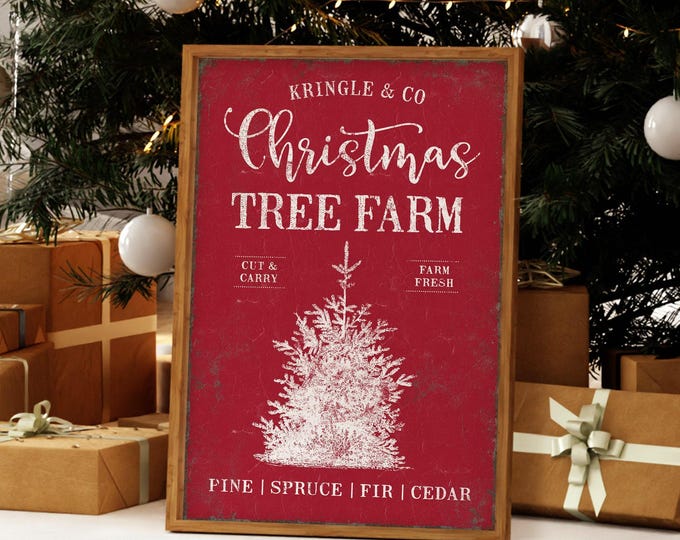 Tree Farm Decor, Kringle and Co Christmas Cut and Carry Sign in Cream White on Crimson