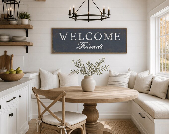 Outdoor Living Sign, Welcome Friends in Charcoal and Slate Gray, Rustic Lake House Art