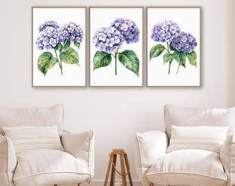 紫の紫陽花の三連画ウォールアート、花のギフト、抽象的な植物装飾