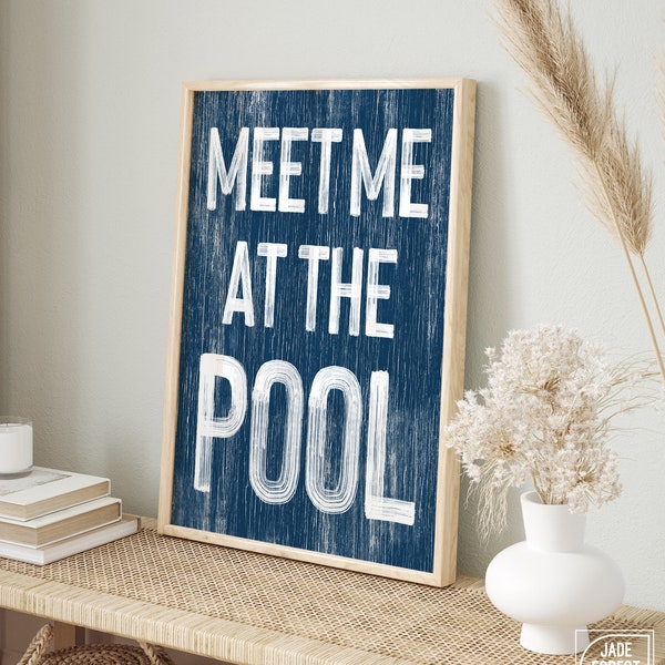 Vintage Meet Me at the Pool Sign in Nautical Navy, Pool Canvas Prints for Modern Farmhouse Decor, Gift for Pool Owners, Pool Gift for Her