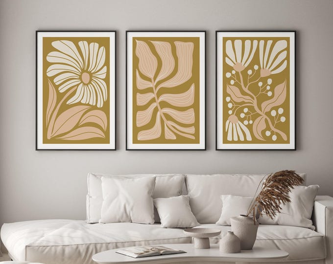 Abstract Floral Triptych Wall Art, Modern 3 Panel Set