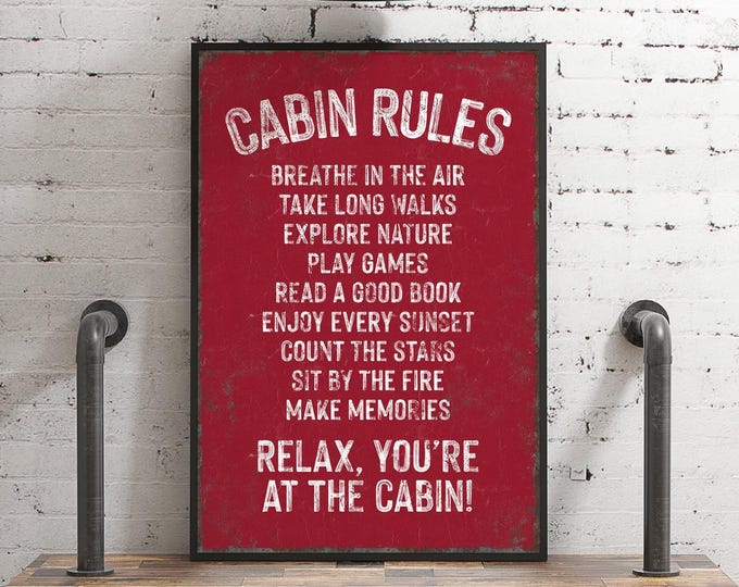 Cabin Rules Sign, Distressed Red Cozy Ski Lodge, Winter Cabin Art