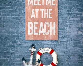 Meet Me At Beach Sign: Coral White Retro Coastal Wall Art