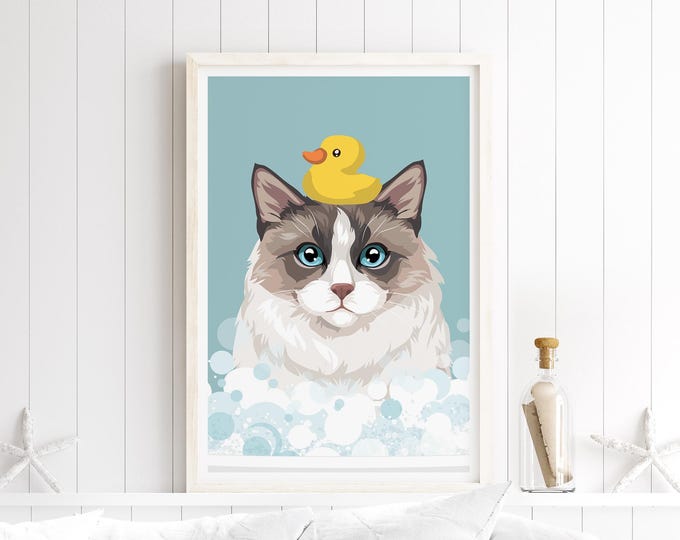 Cute Ragdoll Cat Print: Bubble Bath with Yellow Duck