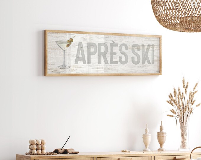Apres Ski Martini Print, Soft Grey and Green Bar Cart Wall Art, Cabin Gift