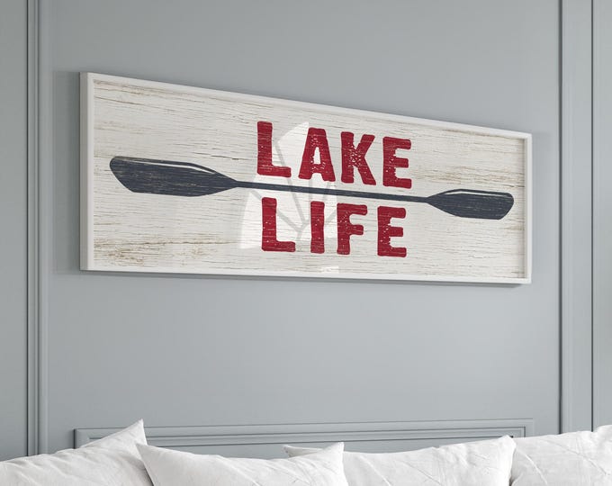 Adventure Wall Art, Barn Red Lake Life Sign, Navy Canoe Oar Print for Cabin