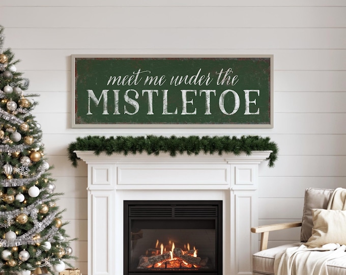 Cozy Christmas Sign, Under the Mistletoe Doorway Art in Aged Cream on a Dark Ground