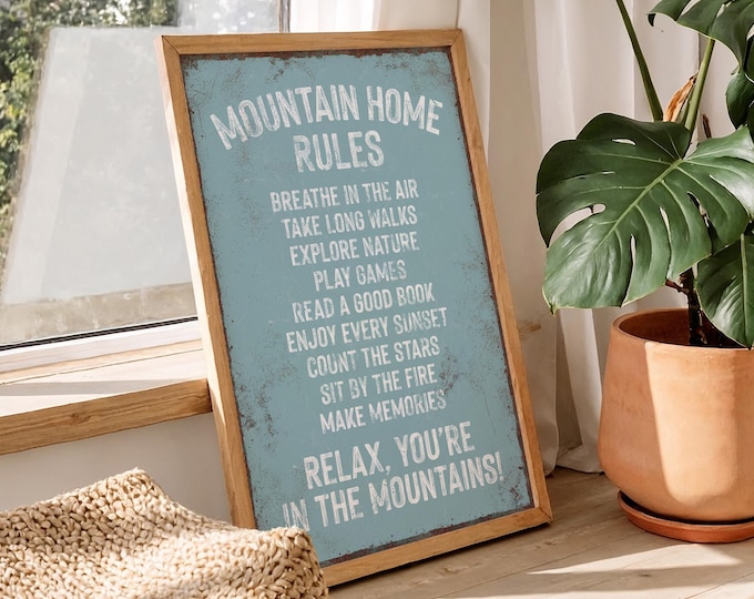 Mountain House Rules Sign: Cozy Ski Lodge Decor - Tide Blue