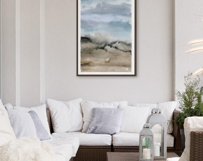 Blue Lake Art, Moody Slate Watercolor Horizon Print, Modern Lake House Canvas for Living Room