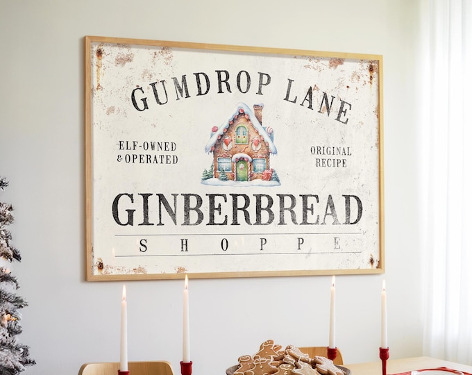 Vintage Gingerbread Shoppe Sign: Rustic Christmas Wall Art