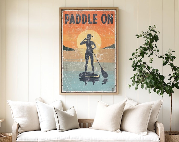 Vintage Paddleboard Art: Sunset Lake Scene, Distressed Canvas
