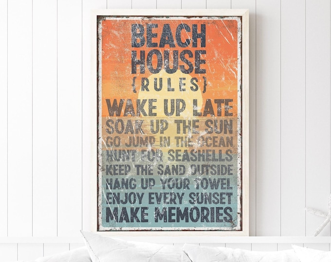 Beach House Poster, Retro Sunset Rules List Print, Orange Gold Cream Coastal Wall Art