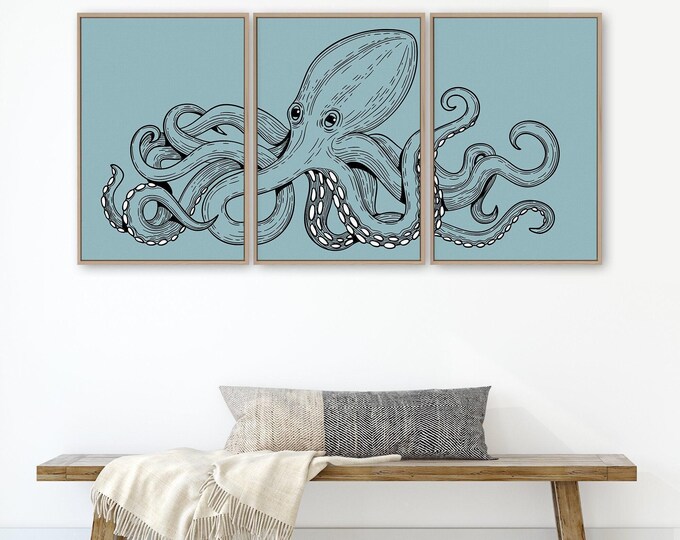 Black Octopus Triptych, Ocean Wave Framed Wall Art, Green Canvas Beach Decor