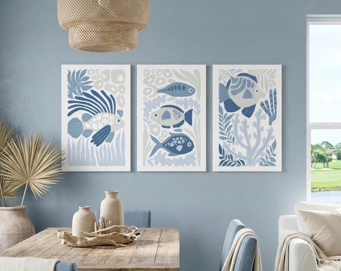 Marine Triptych Art, Soft Blue Navy Fish and Seaweed Block Print, Coastal Set of 3