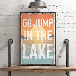 Skylt med "Hoppa i sjön", väggkonst för vintagehus i sjön, dekoration med sjösolnedgång
